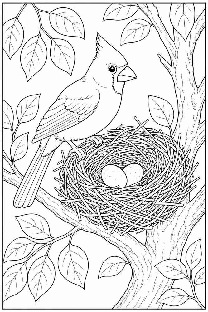 Cardinal Bird Cardinal bird nest scene coloring page