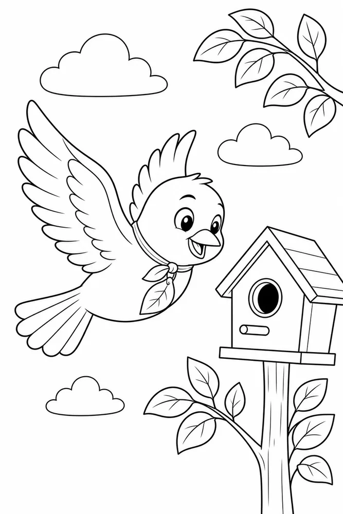Flying Bird Flying bird birdhouse scene coloring page