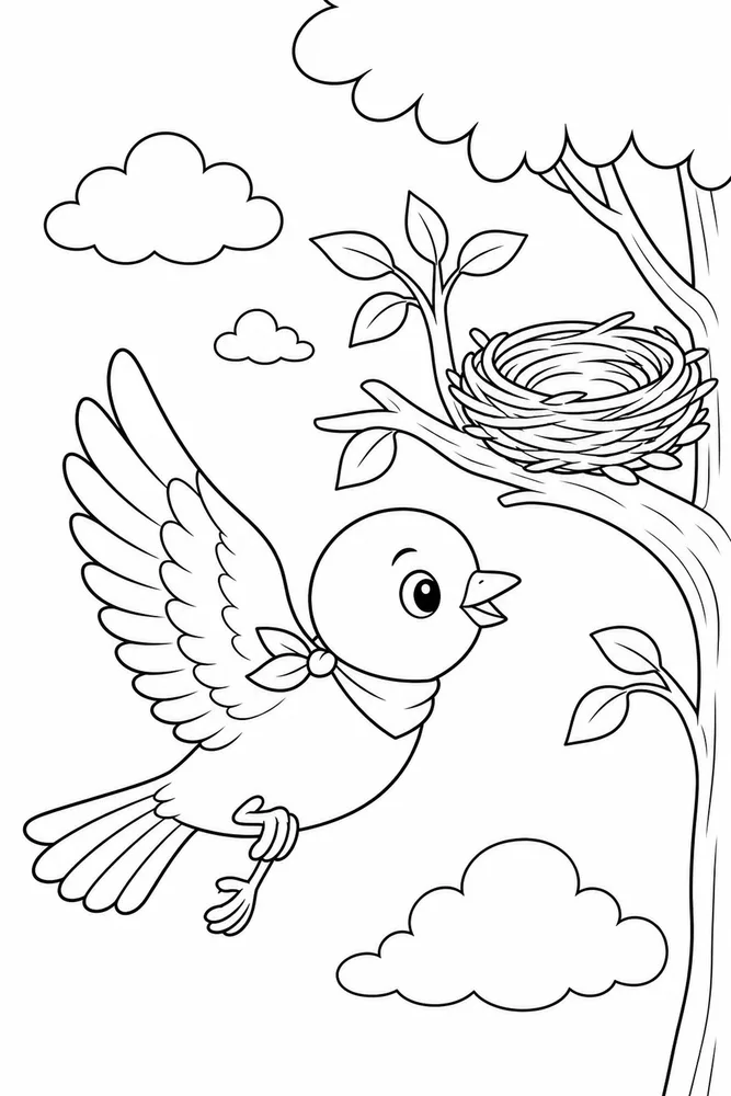 Flying Bird Flying bird nest scene coloring page