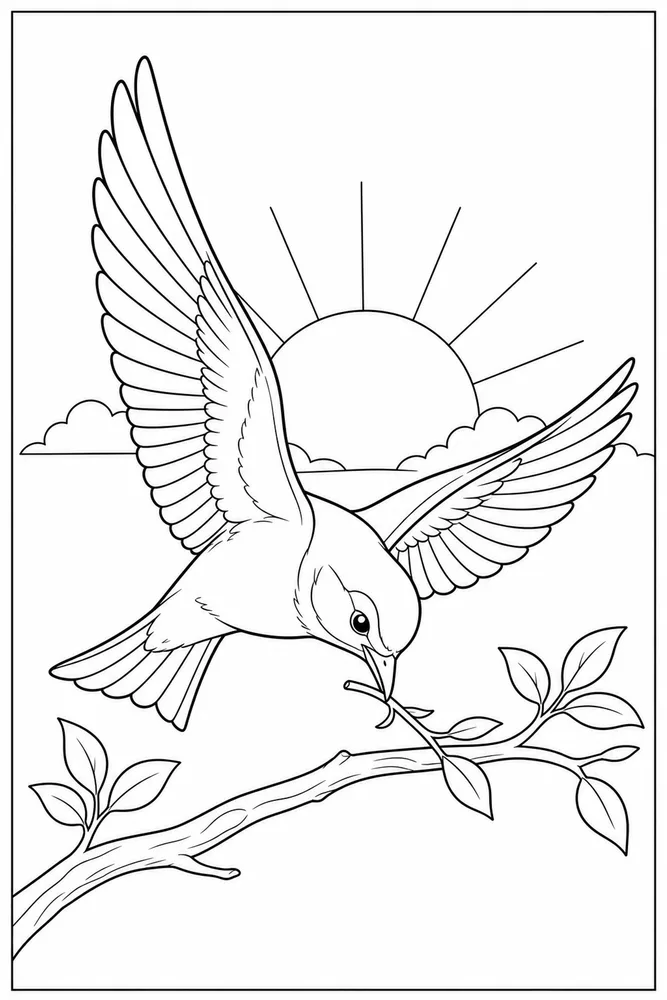 Flying Bird Flying bird sunrise branch coloring page