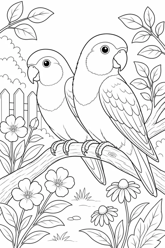Love Birds Love birds garden setting coloring page