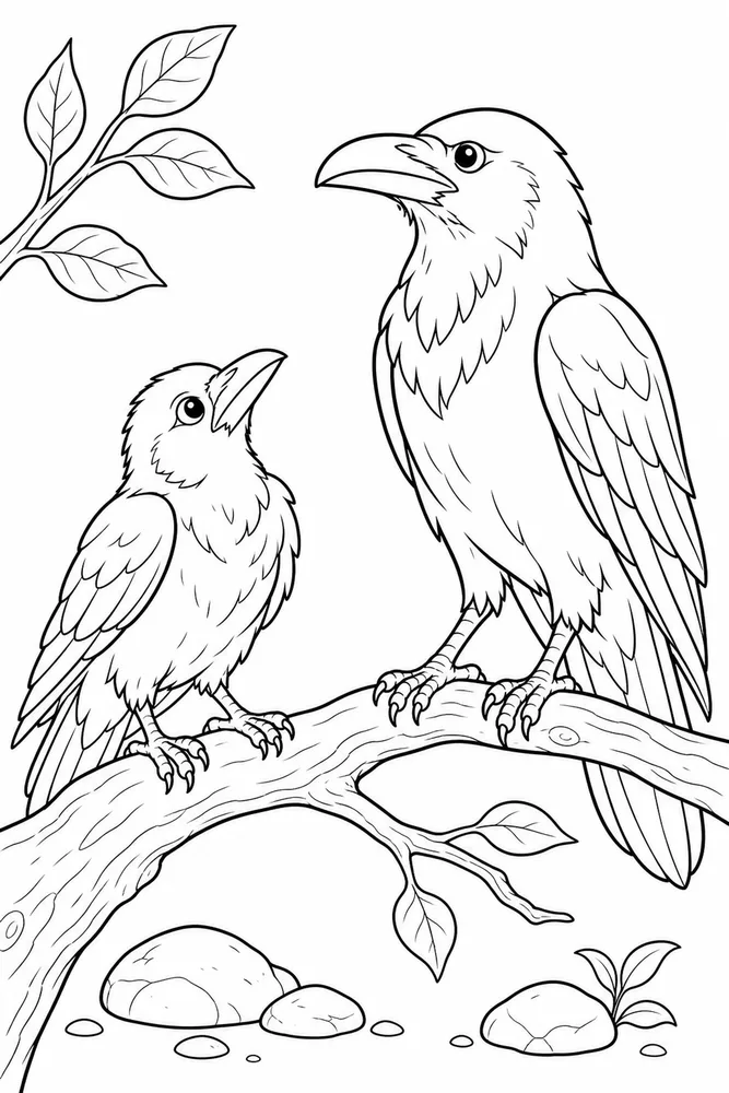 Raven Raven family scene coloring page