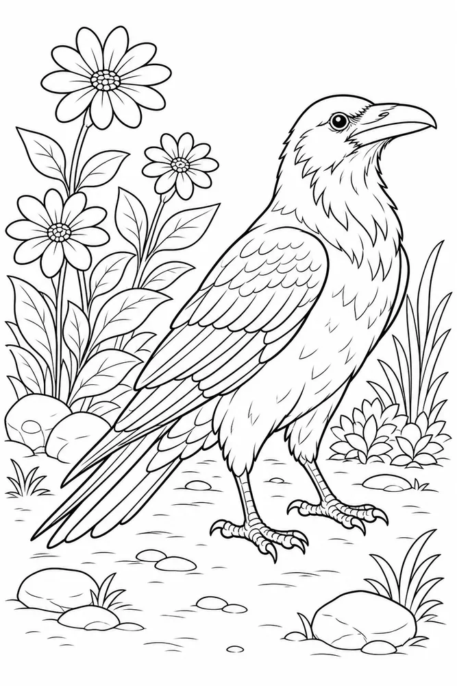 Raven Raven garden setting coloring page