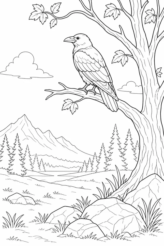 Raven Raven habitat background coloring page