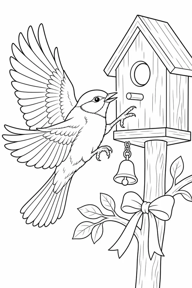 Realistic Bird Realistic bird birdhouse scene coloring page