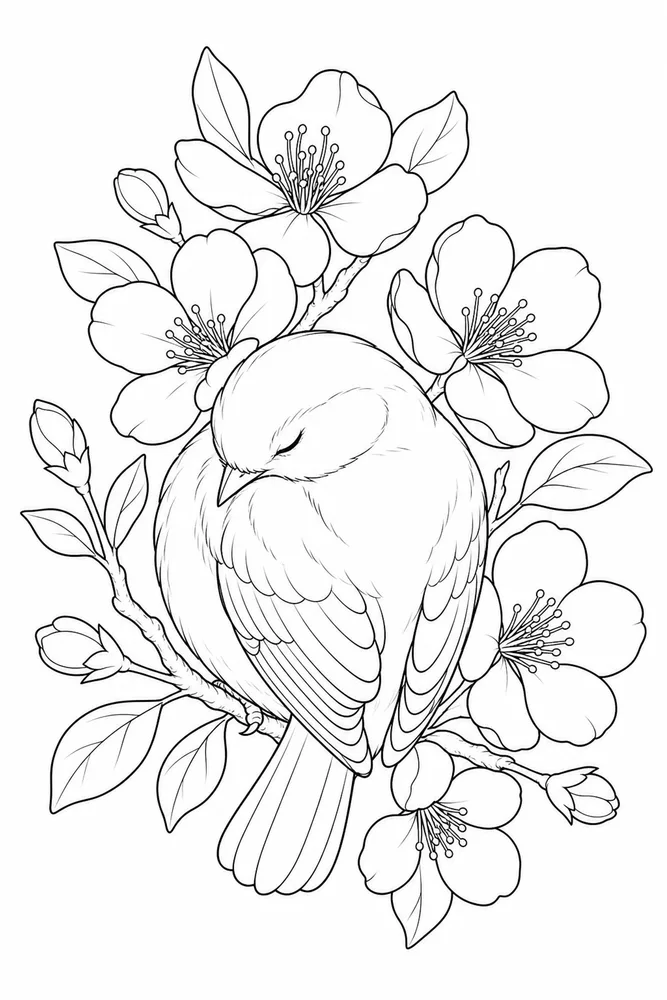 Realistic Bird Realistic bird flower perch coloring page