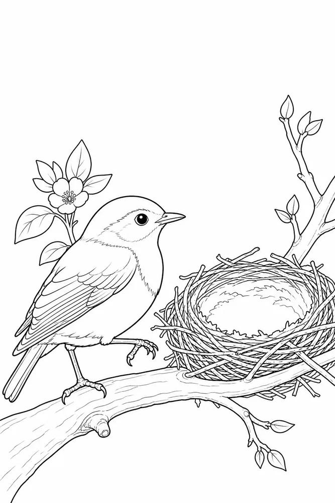 Realistic Bird Realistic bird nest scene coloring page