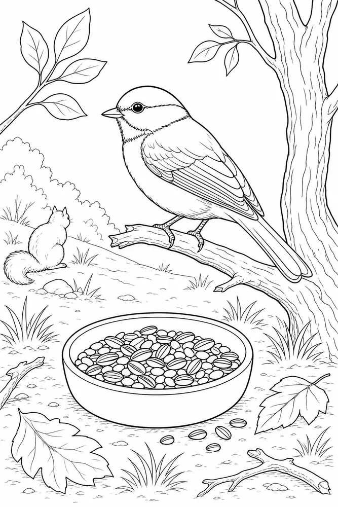 Realistic Bird Realistic bird seed bowl coloring page