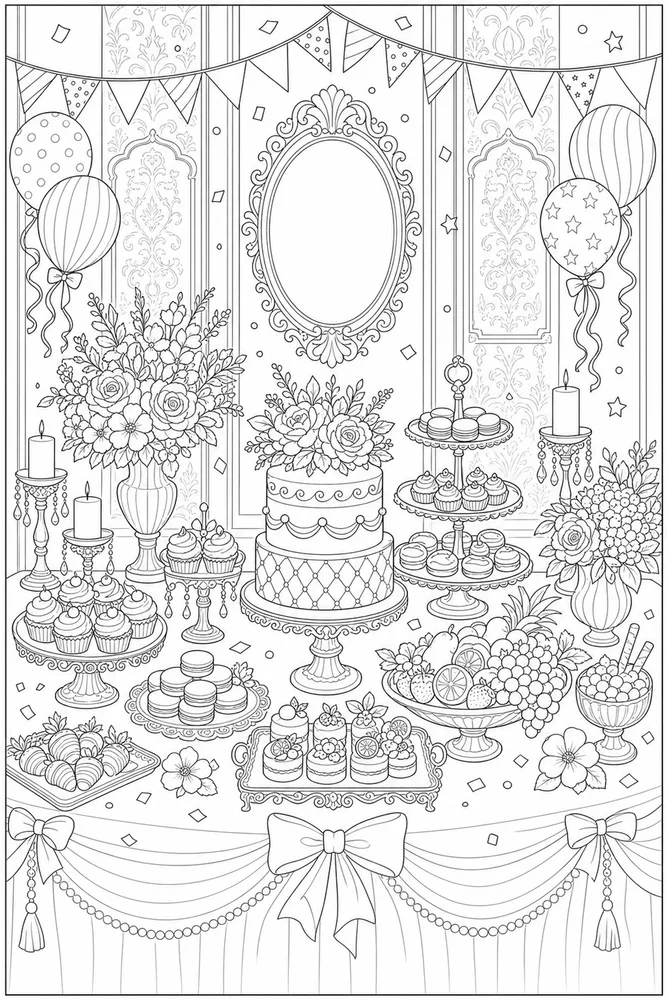 Adult Birthday Dessert Buffet coloring page