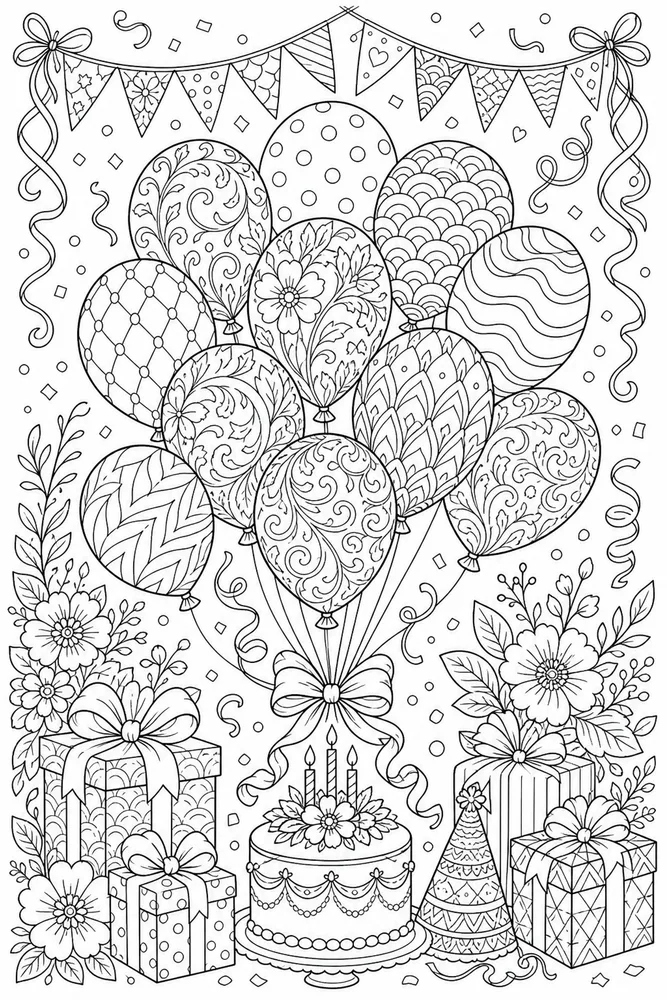 Adult Birthday Detailed Balloons coloring page