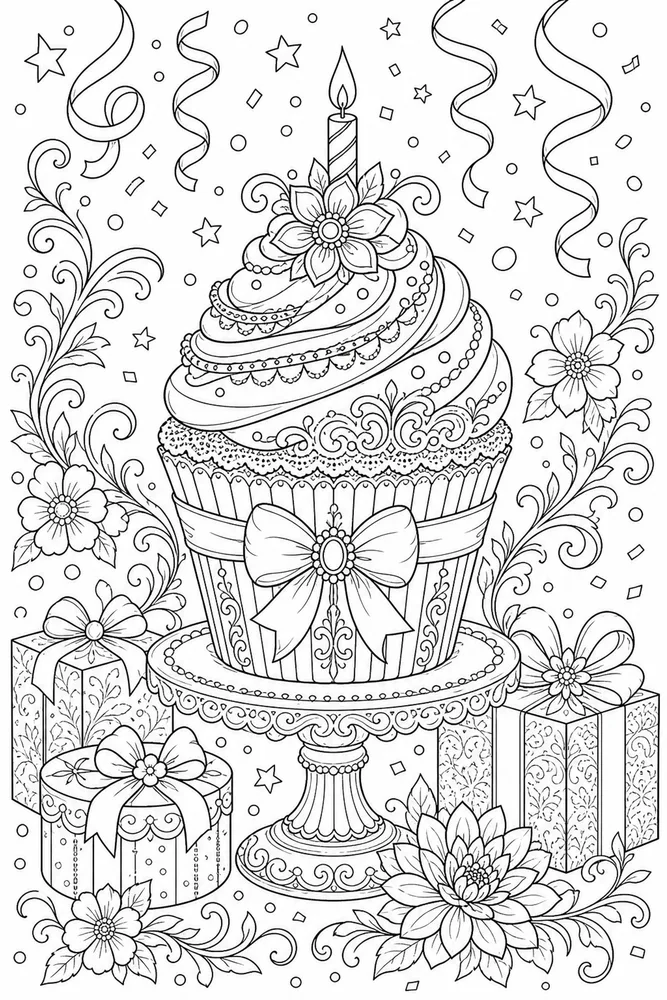 Adult Birthday Elegant Cupcake coloring page