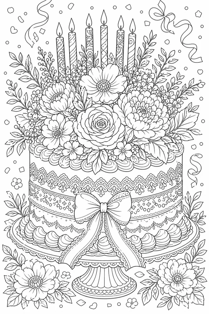 Adult Birthday Floral Bouquet Cake coloring page