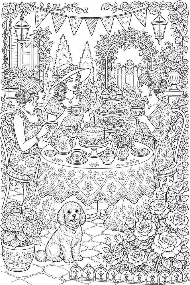 Adult Birthday Garden Tea Party coloring page