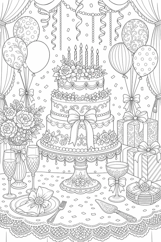 Adult Birthday Coloring Pages preview: Adult Birthday Ornate Cake Table coloring page