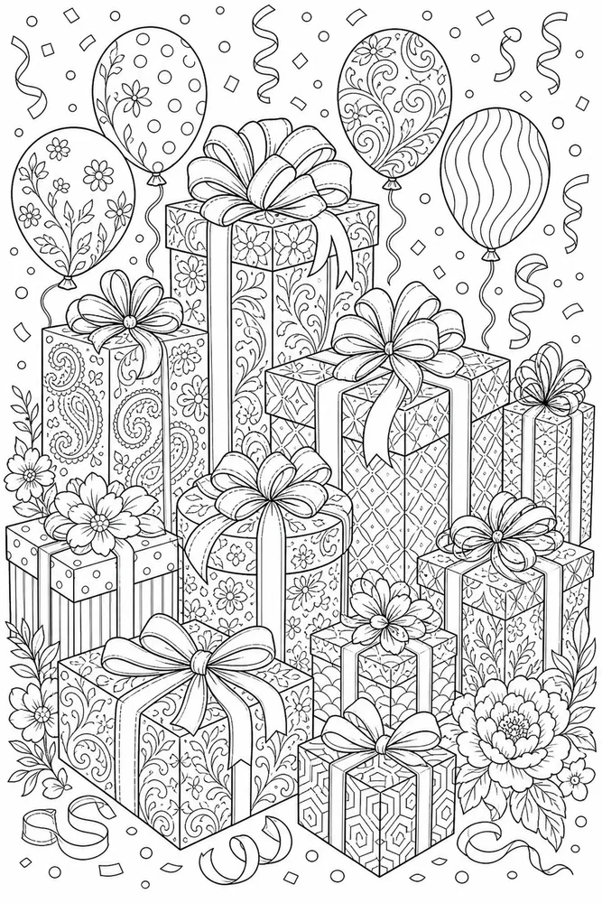 Adult Birthday Wrapped Presents coloring page