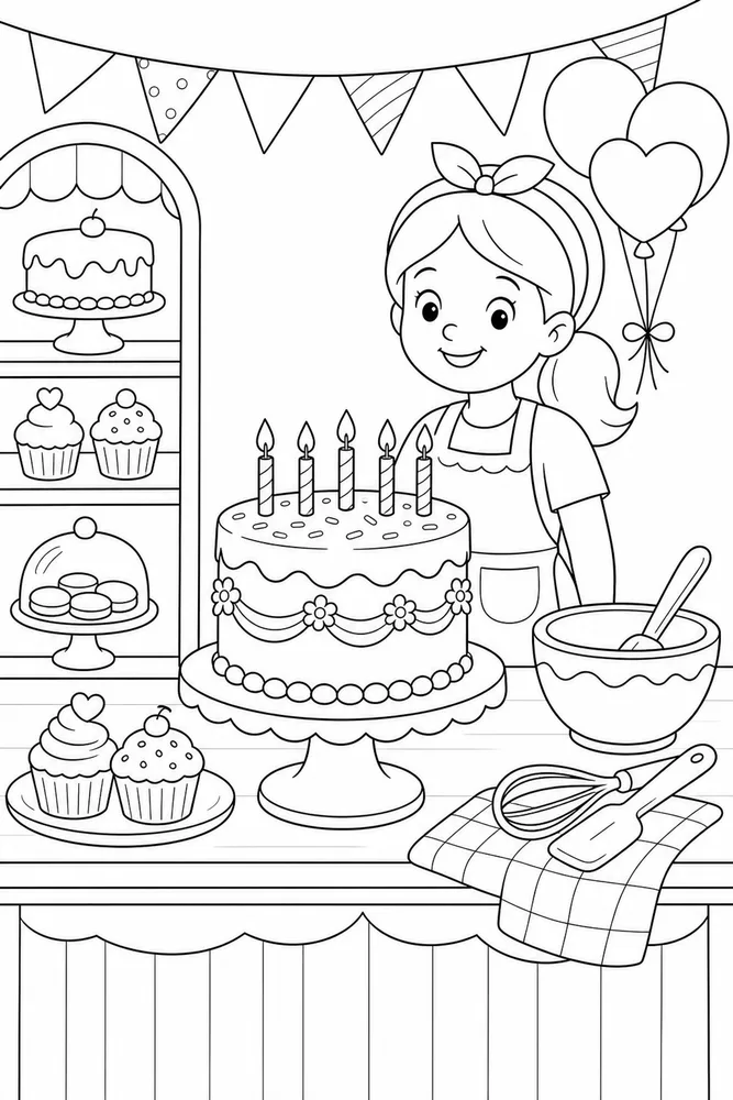Birthday Cake Bakery Counter coloring page