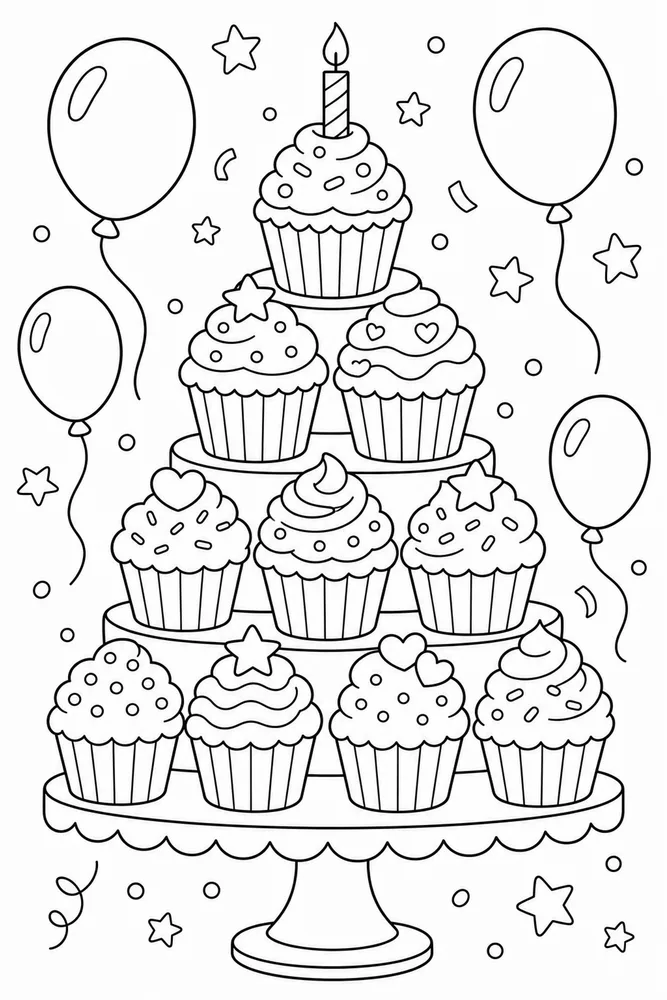Birthday Cake Cupcake Tower coloring page