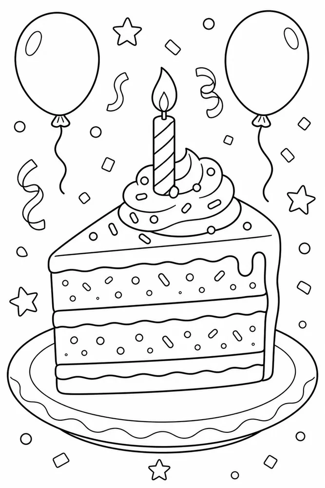 Birthday Cake Slice On Plate coloring page