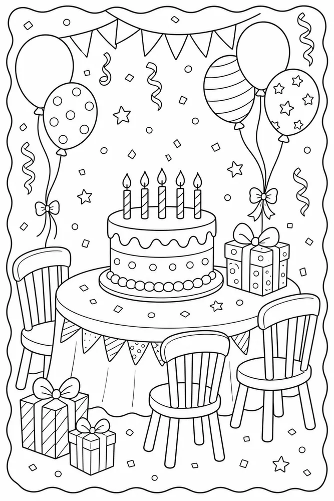 Birthday Party Cake And Chairs coloring page