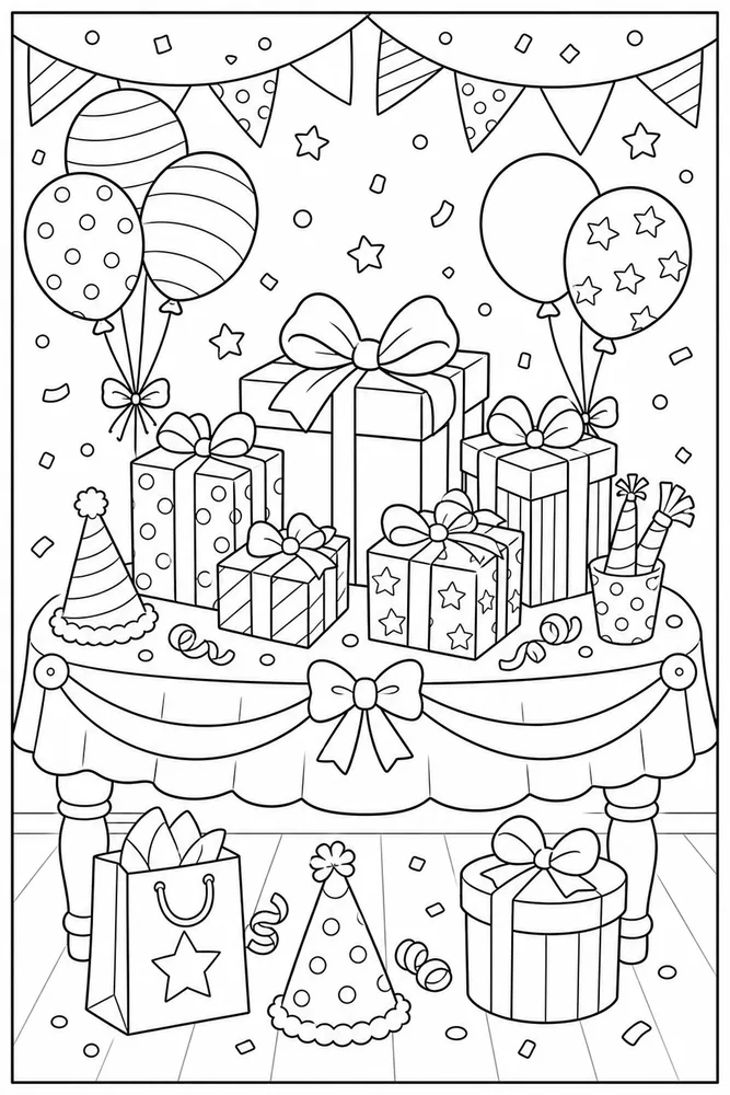 Birthday Party Gift Table coloring page