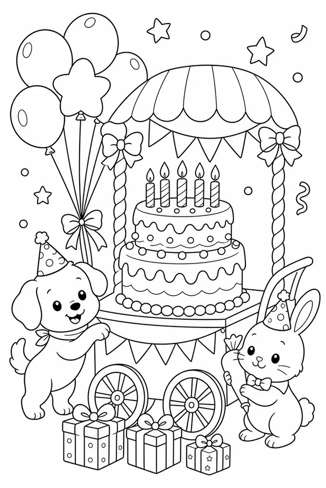 Cute Birthday Cake Cart coloring page