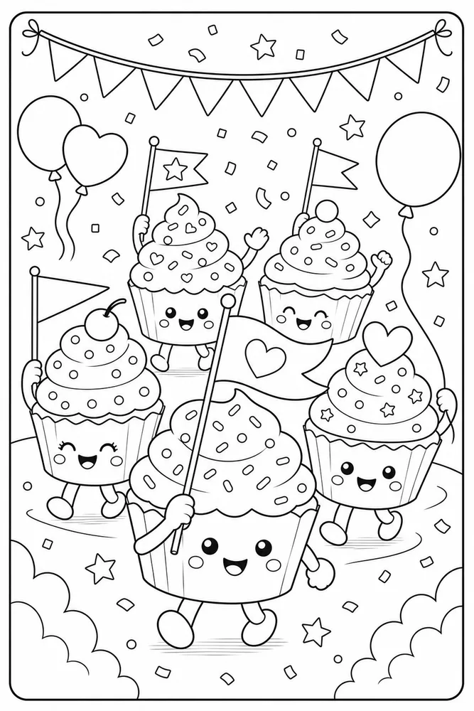 Cute Birthday Cupcake Parade coloring page