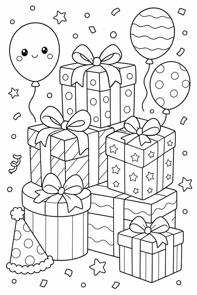 Cute Birthday Gift Stack coloring page