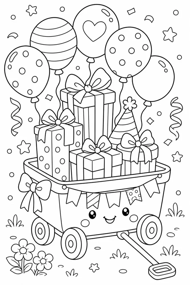 Cute Birthday Gift Wagon coloring page