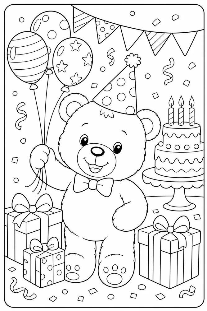 Cute Birthday Party Teddy Bear coloring page
