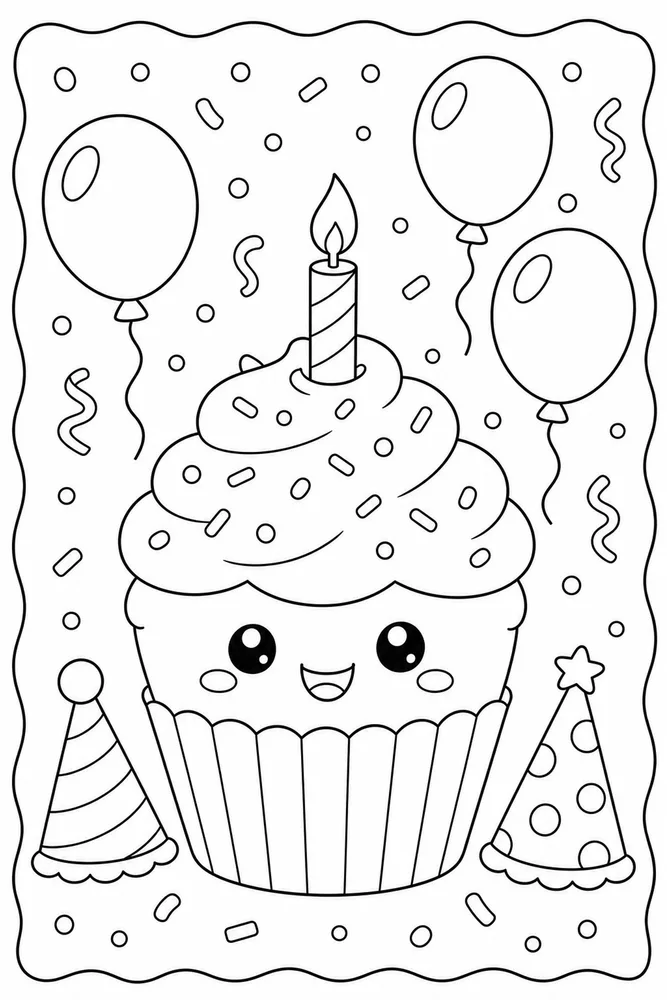 Cute Birthday Smiling Cupcake coloring page