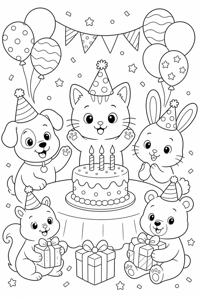 Cute Birthday Tiny Party Hats coloring page