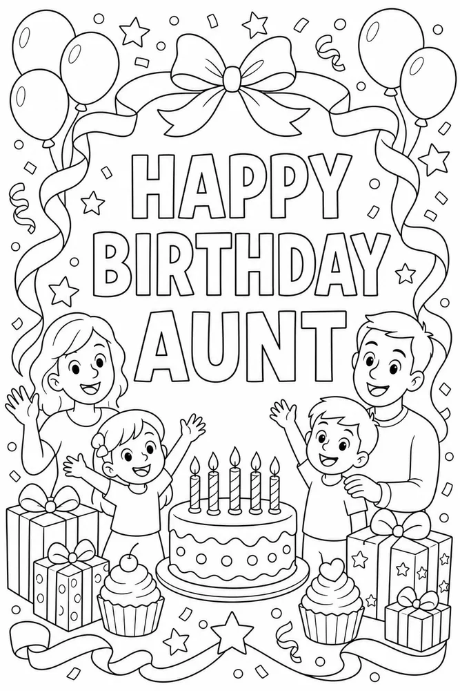 Family Birthday Aunt Ribbon Frame coloring page