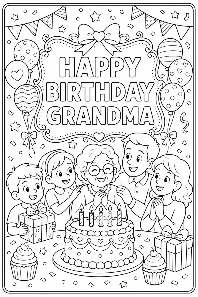 Family Birthday Grandma Cake Frame coloring page