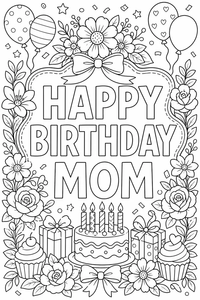 Family Birthday Mom Flower Frame coloring page