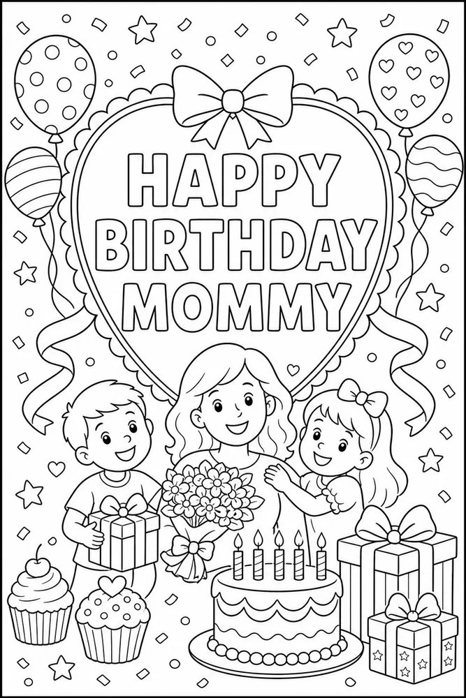 Family Birthday Mommy Heart Frame coloring page