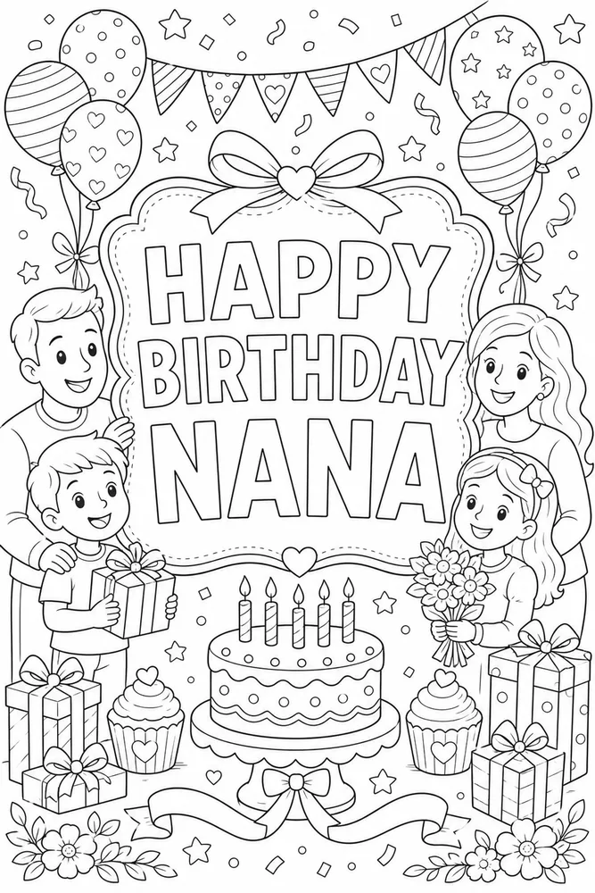 Family Birthday Nana Flower Card coloring page