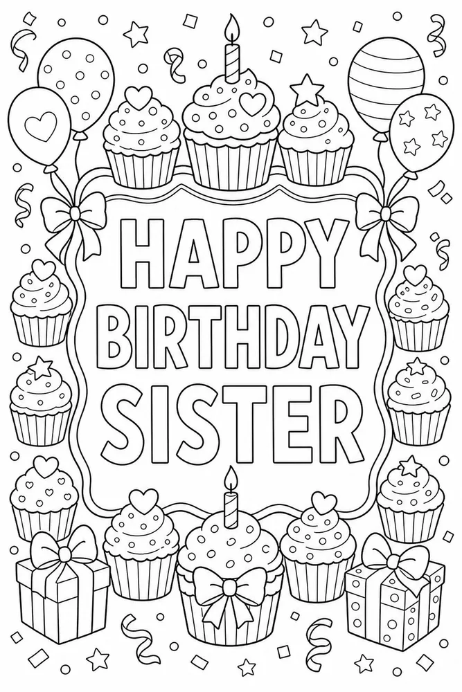 Family Birthday Sister Cupcake Frame coloring page