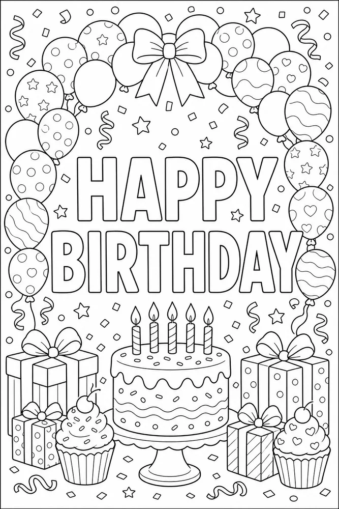 Happy Birthday Text Balloon Arch coloring page