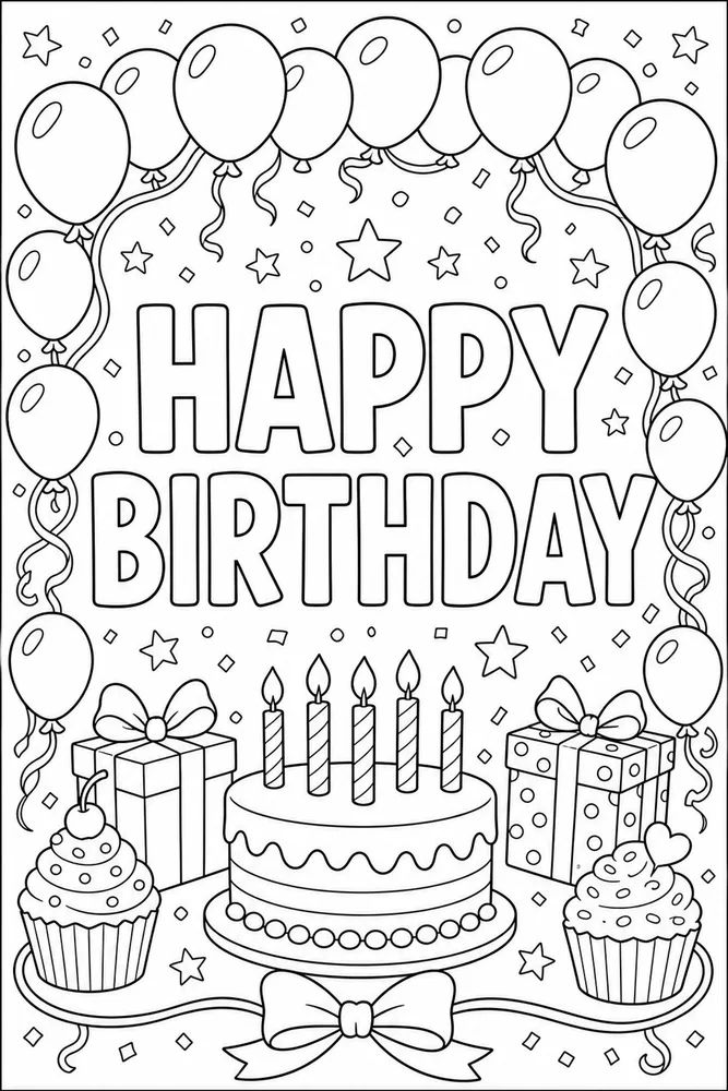Happy Birthday Text Balloon Frame coloring page