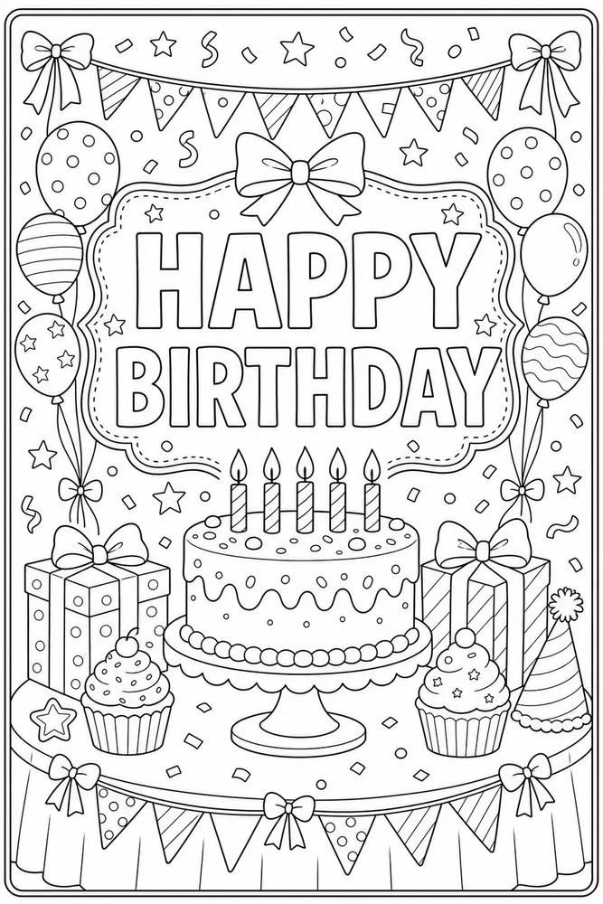 Happy Birthday Text Cake Table Sign coloring page