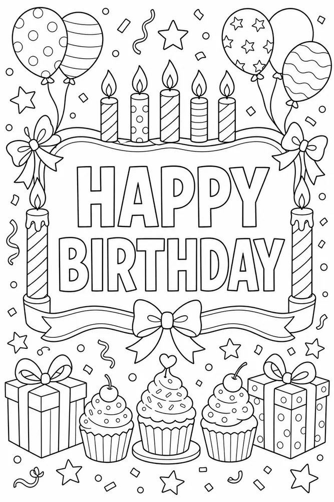 Happy Birthday Text Candle Frame coloring page