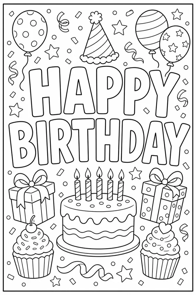 Happy Birthday Text Confetti Border coloring page