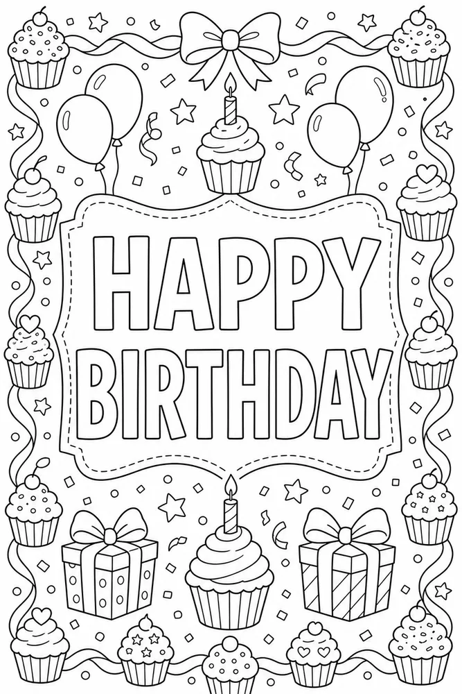 Happy Birthday Text Cupcake Border coloring page
