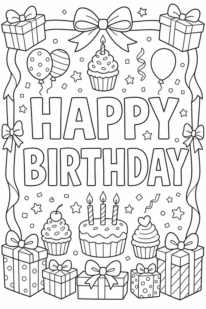 Happy Birthday Text Gift Frame coloring page