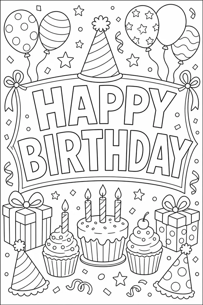 Happy Birthday Text Party Hat Banner coloring page