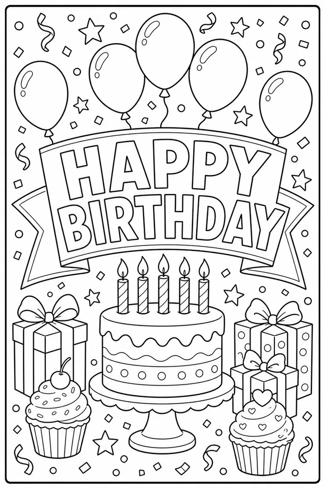 Happy Birthday Text Ribbon Sign coloring page
