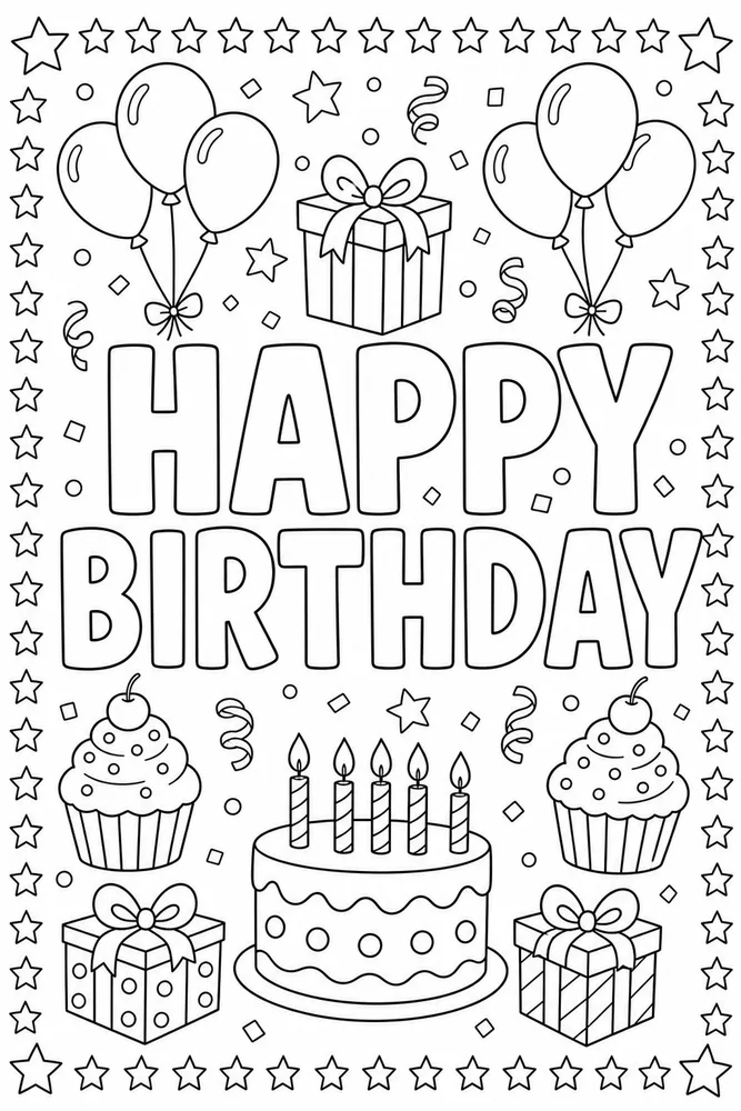 Happy Birthday Text Star Border coloring page