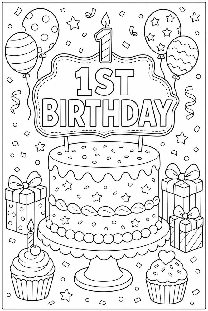 Number Birthday First Birthday Cake coloring page