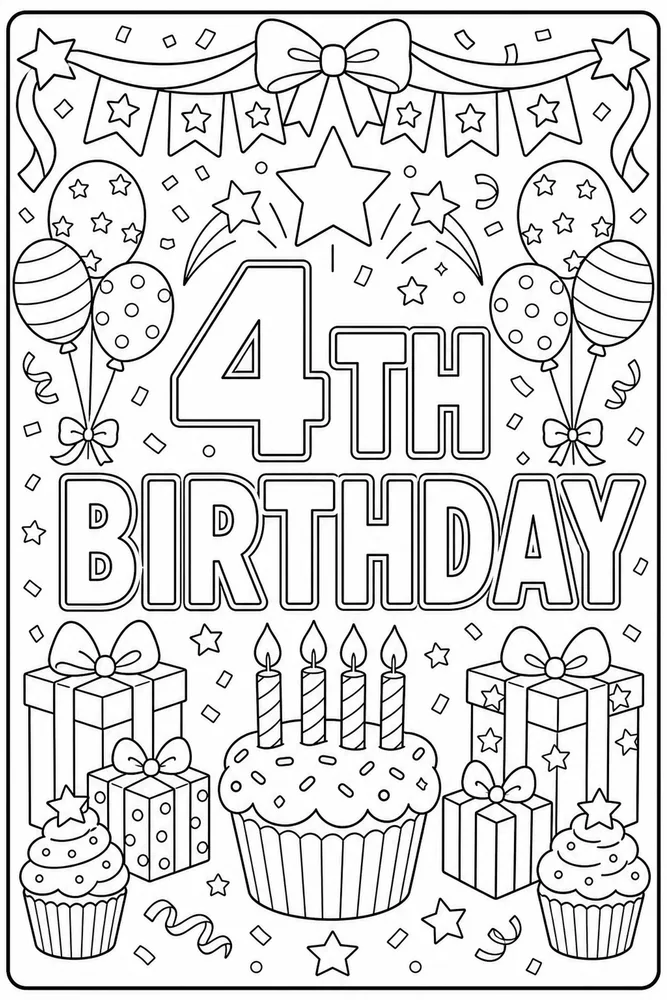 Number Birthday Fourth Birthday Stars coloring page