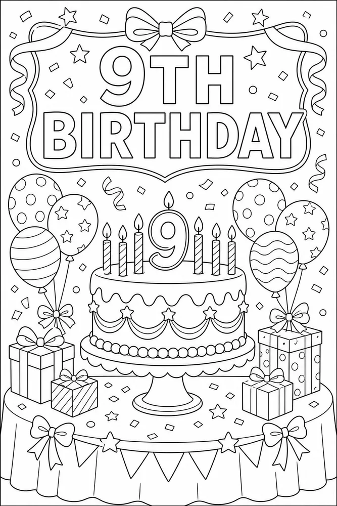 Number Birthday Ninth Birthday Cake Table coloring page